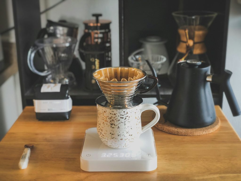 Simple home coffee setup with scale and fresh coffee